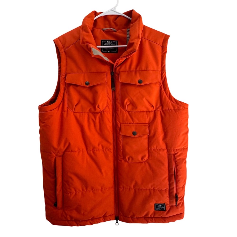 Nike Mens Orange Puffer Vest Quilted Cargo Pocket Full Zip Small